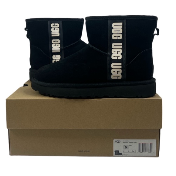 UGG Womens Classic Boots Mini Side Logo Bootie Black Ankle Black Suede 6 - Picture 3 of 11